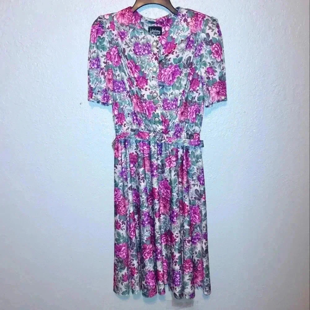 Whirlaway Frocks Belted Floral Retro Dress Puff Sleeve Button Details Size 14P